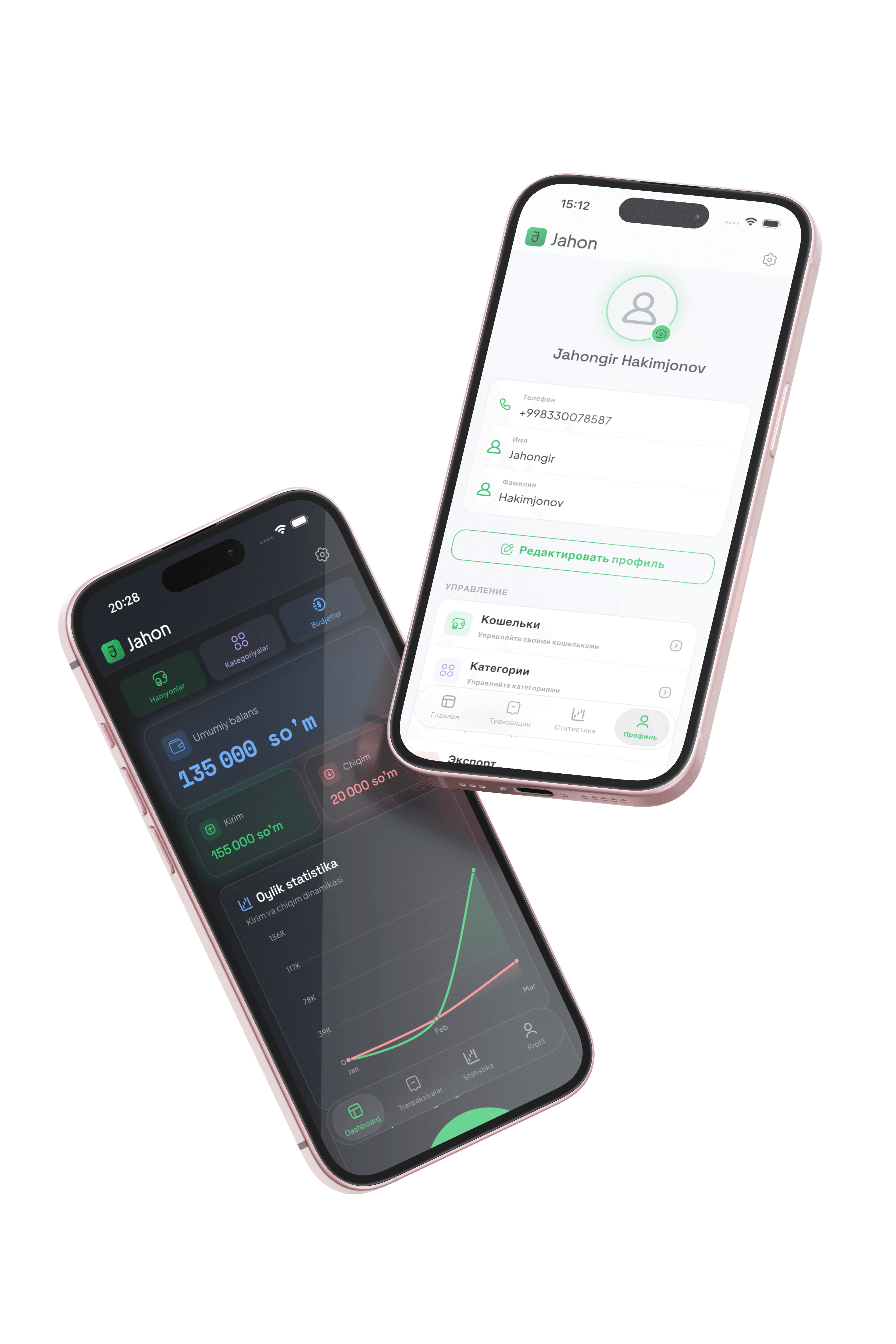 Jahon Mobile App — Dark theme dashboard and light theme profile on iPhone